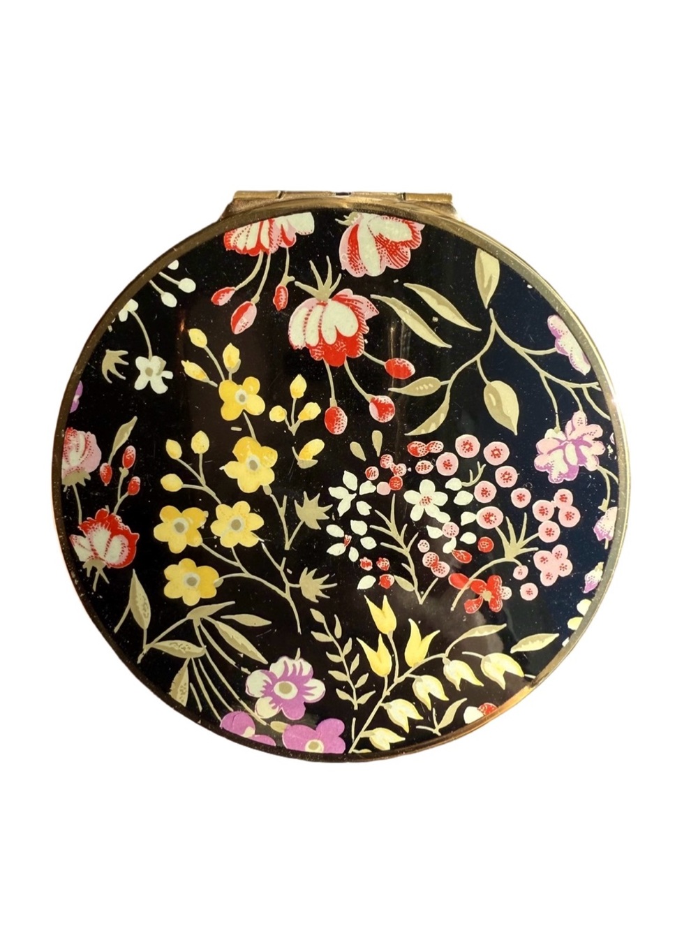 Vintage Mid Century Stratton Black Enamel Chinoiserie Floral Round Compact